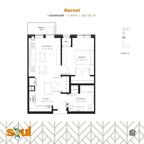 floor plan of a 1 bedroom apartment
